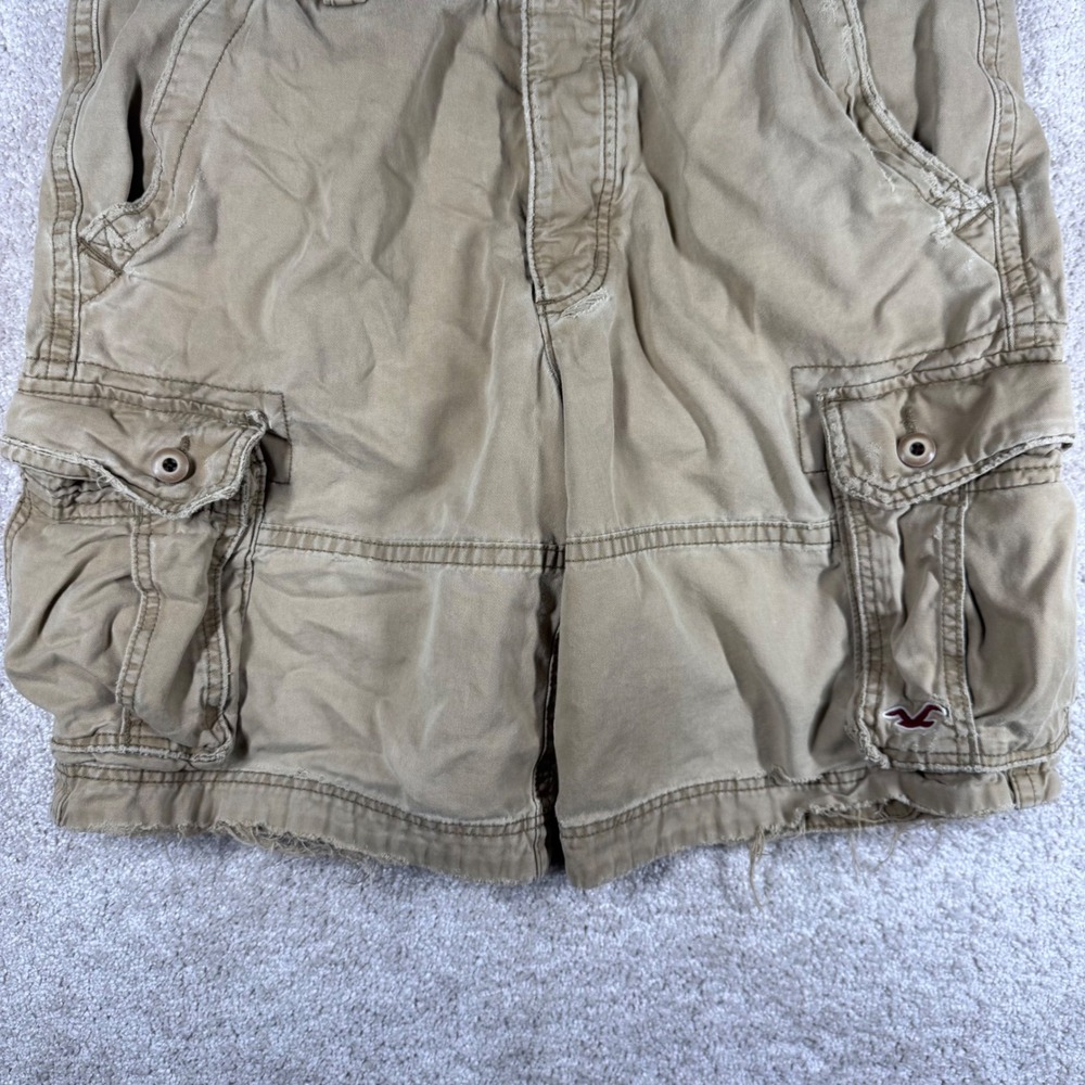 Hollister Mens Tan Khaki Cargo Shorts Size 33 Distressed Frayed Cotton Twill - Picture 5 of 10